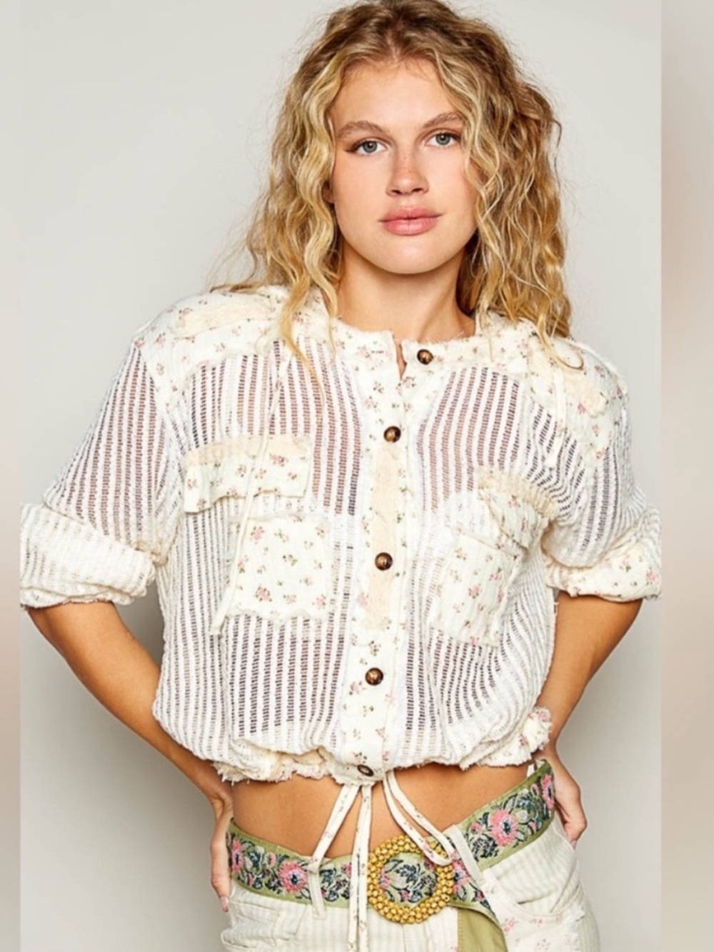 $109 NWOT Pol Petal crop hoodie jacket lace feminine boho grandmacore L